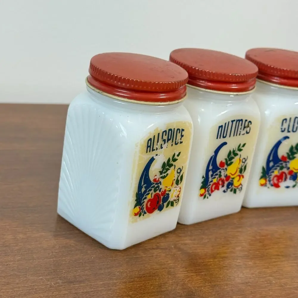 Vintage Frank Tea Spice Co Dove Milk Glass Spice Jar Set Cornucopia Red Lids 5pc